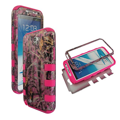 Hybrid Pk Pink Camo Hay Samsung Galaxy Note 2 , N7100 , T889 Hybrid Box High Impact Shock Defender Plastic Outside with Soft Silicone Inside Drop Defender Snap-on Protector Cover Case