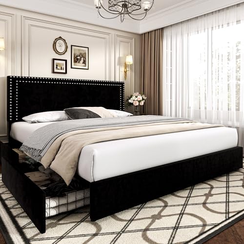 VECELO King Size Upholstered Platform Bed Frame with 4 Storage Drawers ...