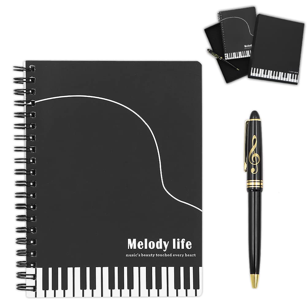 Music Piano Melody Theme Stationery Gift Box Set,Piano Musical Wirebound Journal Writing Notebook with Treble Clef Design Roller Ball Pen for Office School Student Teacher Gift (Black Piano Style) — image 1