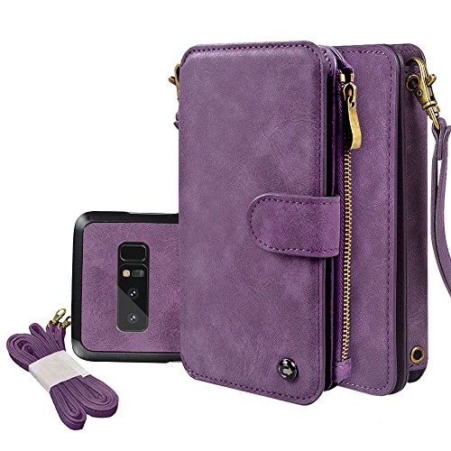 Galaxy Note 8 Case, Cornmi Leather Wallet Case 14 Card Slot Wristlet / Shoulder Strap Flip Stand Zipper Purse Detachable Magnetic Case for Samsung Galaxy Note 8 (Purple)
