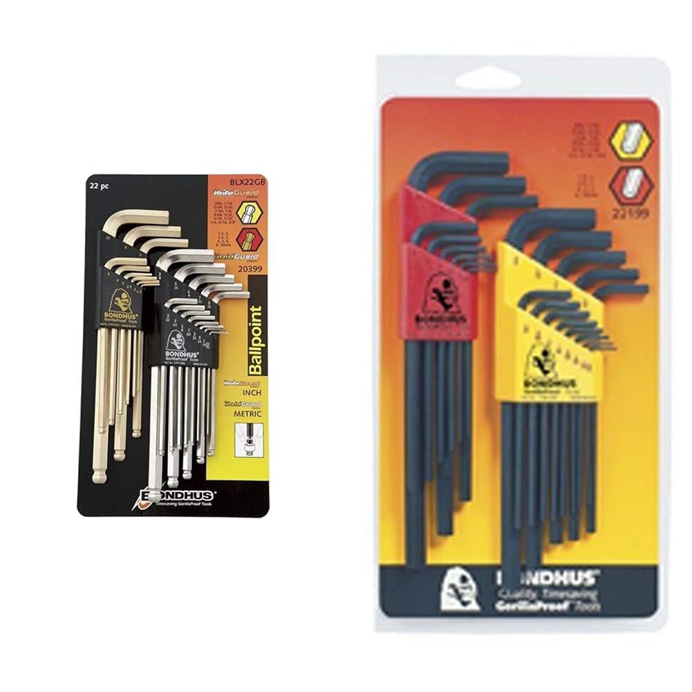 Bondhus 20399 Ball End L-Wrench DoublePK w/BriteGuard & GoldGuard Finish & 22199 Hex L-wrench DoublePK,Long Length,12137 .050-3/8" & 12199 1.5-10mm Image