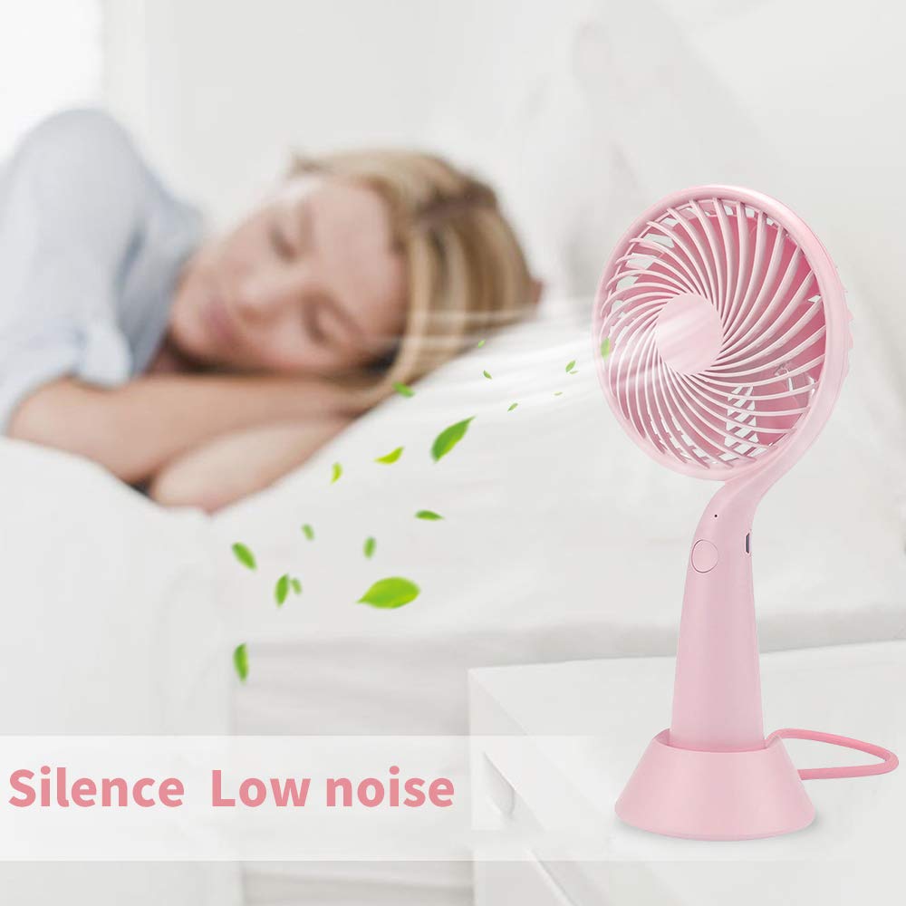 LBTbate Mini Handheld Fan Portable, Hand held Personal Fan Rechargeable Battery Operated Powered Cooling Desktop Electric Fan with Base, 3 Speeds for Home Office Travel Outdoor (Pink)