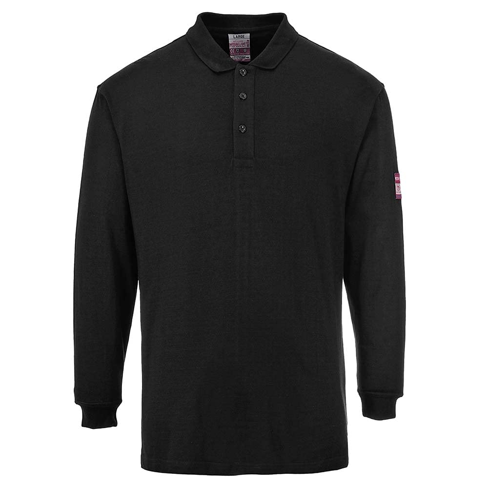Portwest FR10 Men's Flame Resistant Anti-Static Long Sleeve Polo Shirt - Lightweight Fireproof Welding ESD FR Safety Workwear, Black, XL