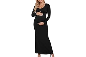 Yousify Womens Scoop Neck Maternity Maxi Dress Split Long Sleeve Slim Fit Split Casual Pregnancy Clothes for Baby Shower