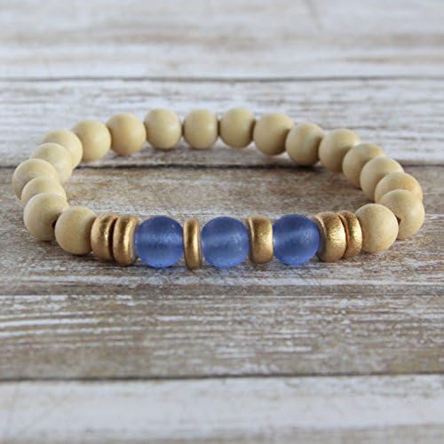 Sapphire Sea Glass Wooden Bead Stacker Bracelet