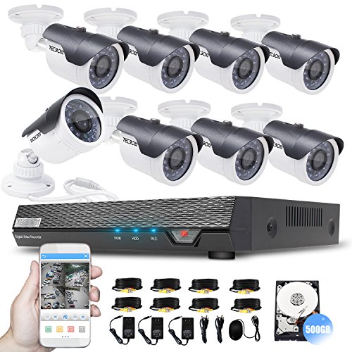 TECBOX Home Security Camera System AHD 8 Channel DVR (500GB Hard Drive) with 8 720P Weatherproof 60feet Night Vision Motion Detection Remote View Surveillance Cameras