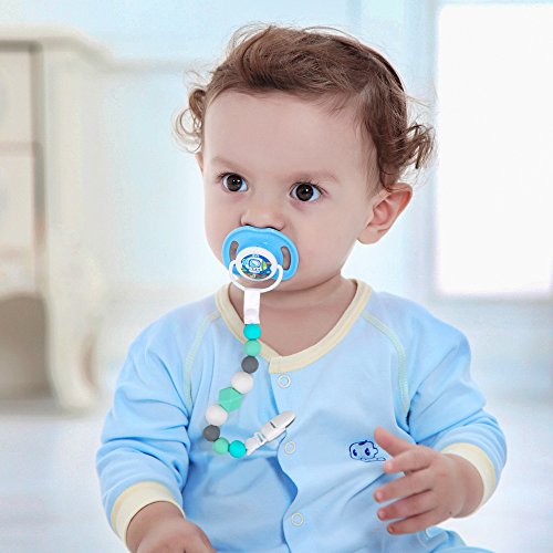 Pacifier Clips, Komake 2 in 1 Teether Pacifier Clip Chewable Silicone Teething Beads BPA Free Binky Holder for Girls, Boys, Teether Toys, Soothie, Mam, Drool Bibs, 2 Pack (Green, Gray)