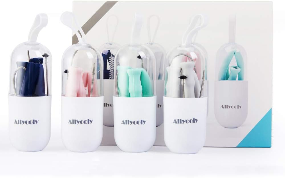 Allyooly Silicone Straws Drinking Reusable - Extra Long 10" Portable Straws 30&20 oz Tumbler Compatible, 4 Pack with 4 Brushes and 4 Case BPA Free as Gift for Family and Friend