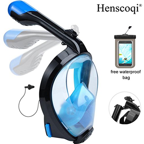 Henscoqi 180Â° Full Face Snorkel Mask,Anti-Fog and Anti-Leak Design/Adjustable Head Straps/Free Breathing Tubeless Design/Prevents Gag Reflex,See More with Larger Viewing Area (Folding Blue, L/XL)