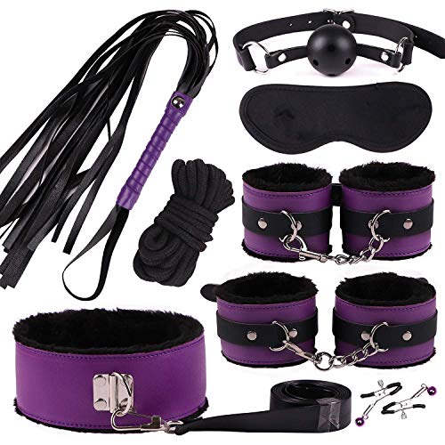 AHDAHD 8 pcs/Set Nylon Leather Suit Special Bundled Binding Set Couple Flirting SM Alternative Bundled Binding Set Bundle Leg Ankles and Wrists for Men and Women Passionate Moments (Black-purple)