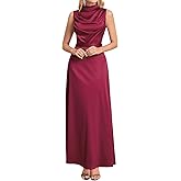 VKIHOC Women Satin Formal Long Dress Elegant Mock Neck Ruched Cocktail Wedding Guest Party Maxi Dress with Belt