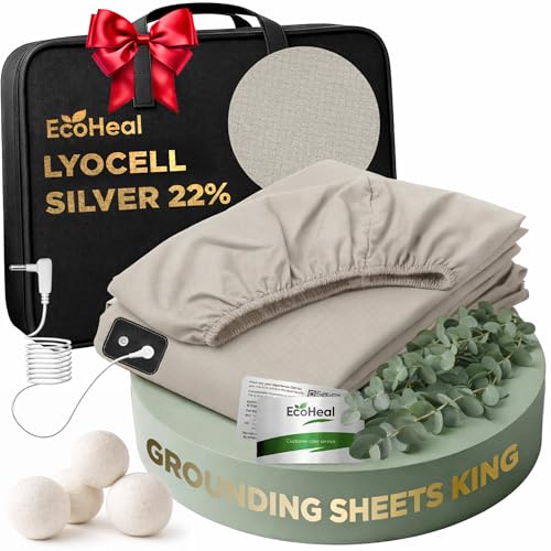 EcoHeal Luxury Lyocell Grounding Sheets King 22% Silver Fiber, 74% Cooling Lyocell, 4% Silk, Quality Certified - Conductive Earth Fitted Sheet 15" Deep w/Wash Bag & Wool Dryer Balls, Beige