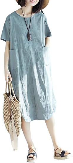 Amazon Veamor レディースワンピース ロングワンピース レディース 無地 半袖 春夏 ワンピース 可愛い 森ガール 文芸風 ファッション おしゃれ 体型カバー 着痩 通勤 大人 ワンピース チュニック 通販