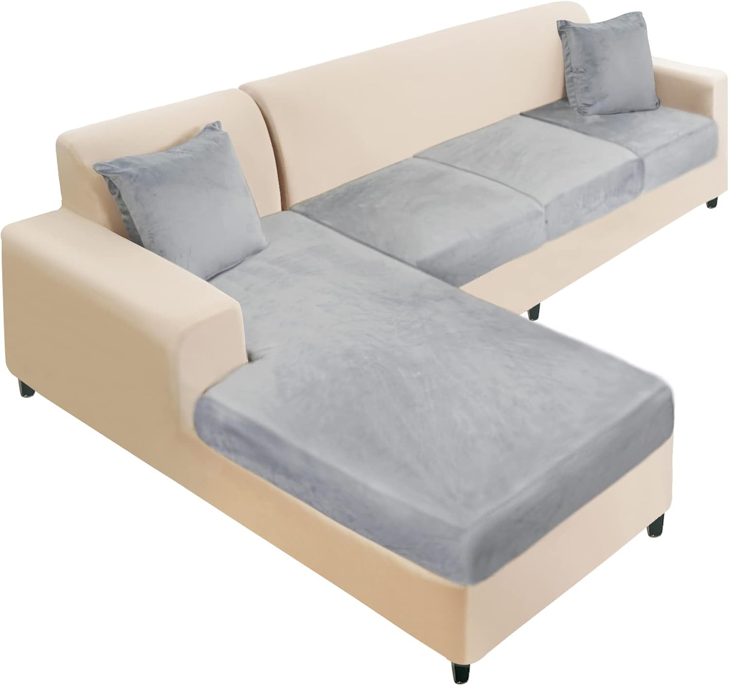 Slipcovers - NAISI Sectional Couch Cover 4 Pieces Velvet Separate Couch Cushion Covers L Shape Soft Stretch Sofa Slipcovers with 2pcs Pillowcases for Left/Right Chaise Sectional Sofa(3 Seater+1 Chaise,Light Grey)