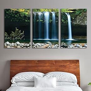 3 Panel Canvas Wall Art - Landscape Waterfall in The Forest - Giclee Print Gallery Wrap Modern Home Art Ready to Hang - 16"x24" x 3 Panels