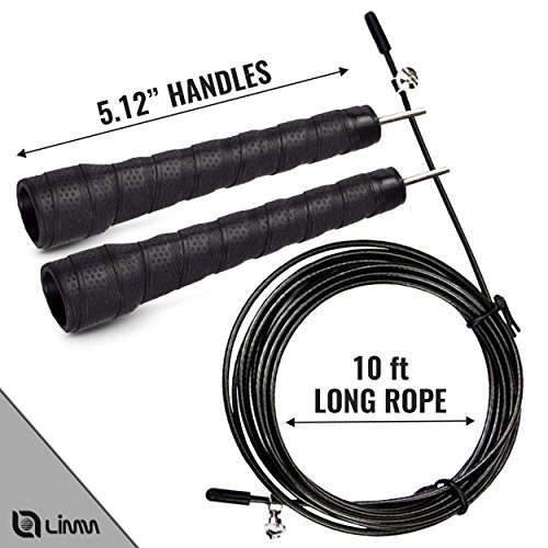Limm High Speed Cable Jump Rope with Non-Slip PU Leather Handles & Carry Bag| Adjustable 10ft Exercise Jumping Rope | Fast Skipping Rope for Crossfit, Boxing, Men, Women, Kids (Black)