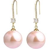 Big Pearls drop dangle Sterling Silver 18k Gold Plated Ear Hook Pearls Earrings for Women Ladies GirlS,Hypoallergenic red,White&Pink Pearls Dangle Drop Earrings with Cubic Zirconia large big Pearls Earrings.(Big Pearls diameter 13-14 mm)