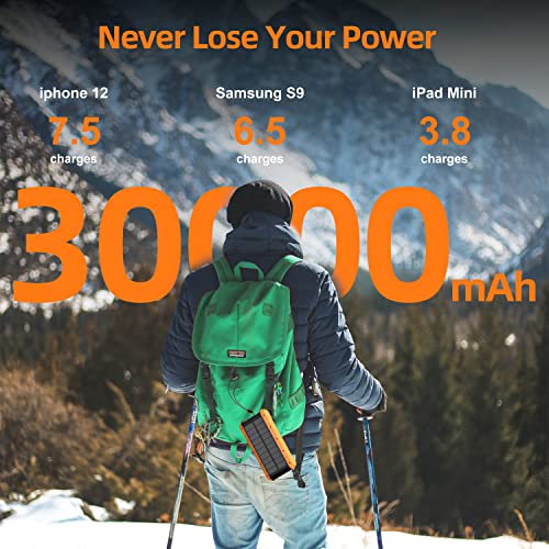PD 25W Solar Power Bank, 30000mAh Solar Charger with 4 Outputs & 3 Inputs, External Backup Battery with Digital Display, LED Flashlight for iPhone, Tablet, Samsung and Outdoor Camping