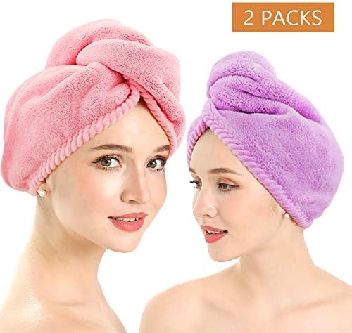 Women Microfiber Towel for Hair Gutsdoor Fast Drying Hair Towel Wrap Turban Quick Magic Hair Dry Hat with Button for Curly Long and Thick Hair (2 Packs)