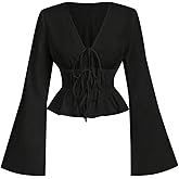 SHENHE Women's Bow Tie Front Top Ruffle Peplum Bell Sleeve Blouse Dressy Going Out Shirt