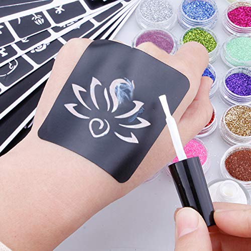 Glitter Tattoo Set, Luckyfine New Glitter Tattoo Kit with (24 Large Glitter Colors, 125 Cool Tattoo Stencils, 2 Glittered Glue, 5 Brushes) Glitter Temporary Tattoos for Kids, Teenagers and Adults