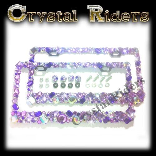 Pair of 2 Bling License Plate Frame with Anti-theft Screw Caps Purple Crystals Ab Iridescent Clear Metal Chrome Zink Alloy Holder Sparkly Sparkle Custom Hand Made Hand Crafted 2 SET