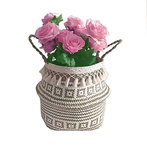 Natural Seagrass Storage Basket - GOODCHANCEUK Seagrass Belly Basket With White Tassel Foldable Woven PomPom Basket With Handle for Laundry, Toys or Planters,Nursery Floral Texture Style#16 27x24CM