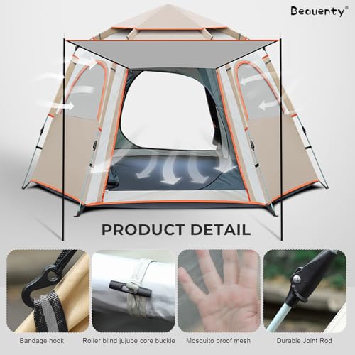 Beauenty 5-8 Person Camping Tent, 280 * 280CM Large Automatic Pop Up Outdoor Tent, Instant Camp Tent with 2 Doors and 4 Windows, Waterproof Windproof Tent for Camping Hiking Travel Beach