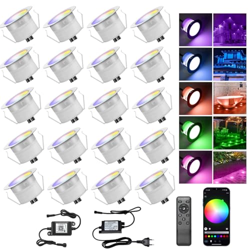 INDARUN WiFi Recessed Floor Lamp RGB Waterproof IP67 Ø31 mm – Lighting for Patio, Patio, Path, Wall, Garden, Decoration, Indoor and Outdoor (20 Pieces)