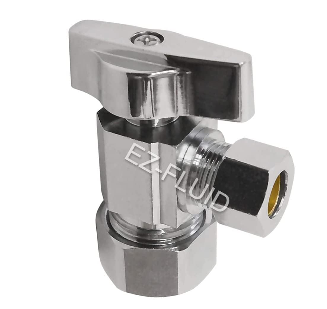 Photo 1 of (1) EZ-Fluid Heavy Duty 1/2" Nom. (5/8" OD Comp) x 3/8" OD Comp Angle Stop Valve,1/4 Turn Handle,Chrome Brass Water Shut Off Ball Valve For Water Pipes,Bathroom,Kitchen