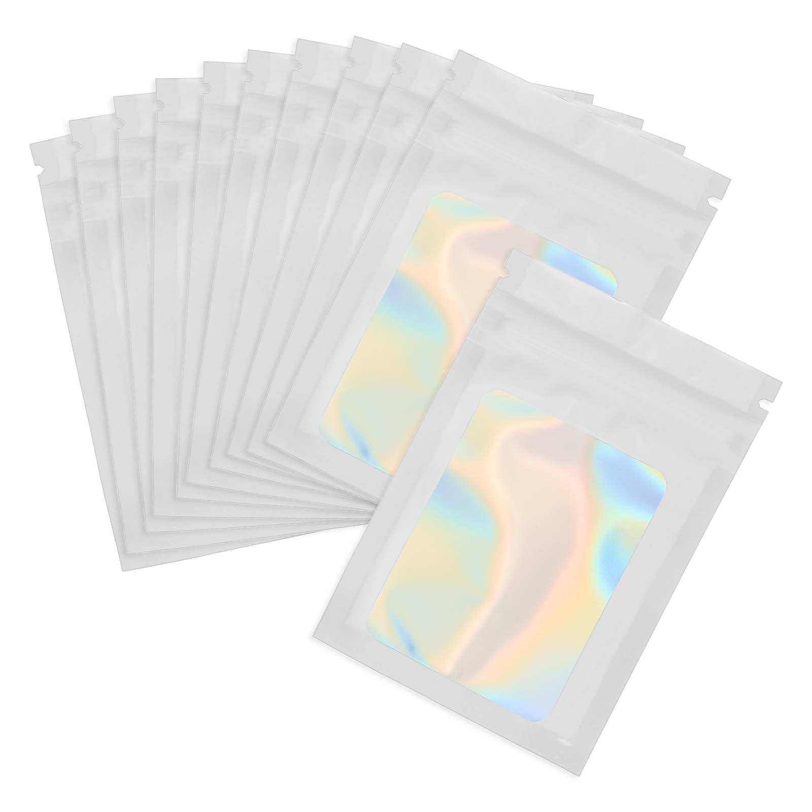 Photo 1 of PATIKIL 3 x 4 Inch Holographic Packaging Bags, 100 Pcs Clear Window Resealable Food Storage Smell Proof Foil Pouch Bag for Small Business Party Favor Candy Jewelry, White