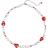 Miss Pink Boho Beaded Necklace for Women, Y2K Natural Pearl Beaded Necklaces Choker Summer Benchy Necklace Natural Bead Necklaces for Teen Girls Handmade Boho Jewelry Birthday Gift