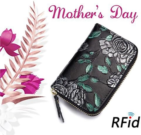 Credit Card Organizer Wallet-Welegant Rose Flower RFID Blocking Genuine Leather Zipper Small Wallet Purse Case for Women Ladies Teen Girls (Rose Flower, Silver)