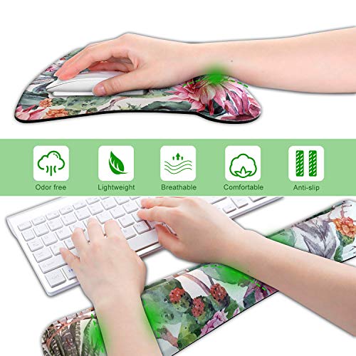 Dooke Keyboard Wrist Rest Pad and Mouse Wrist Rest Support, Comfort Wrist Rest Pad with Non-Slip Rubber Base & Memory Foam Support for Working Gaming Fatigue Pain Relief Cactus