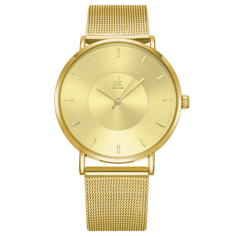 sk SHENGKE Simple Watches Waterproof Analog Mesh Watches Women Stainless Steel Band Waterproof Wristwatch (K0059-Gold)