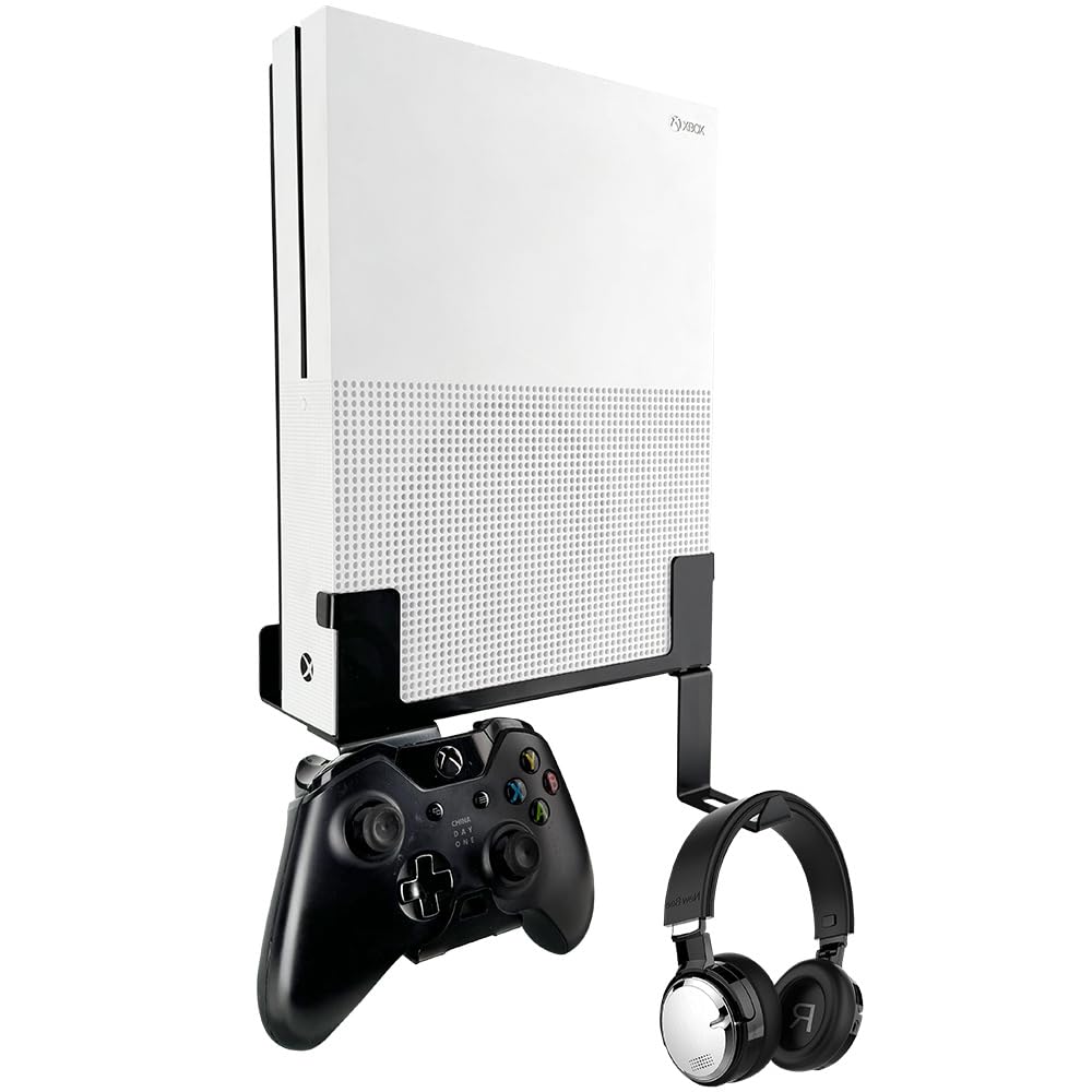 Photo 1 of Chanvoo Metal Vertical Wall Mount Compatible with Xbox One S, Securing Wall Bracket with Detachable Controller & Headphone Holder Kit (Black)