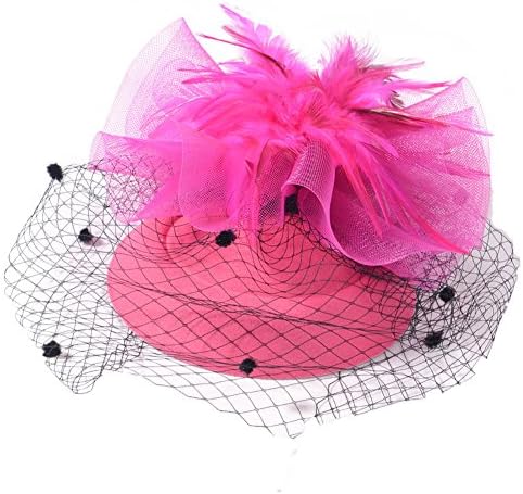 Queenestar Feather Fascinator Veil Hat For Women Wedding Cocktail Headwear Hair Clips (Hot Pink)