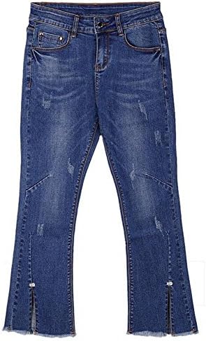 Isher Women Slim Casual Bell-Bottomed Pants Vent Frayed Denim Crop Jeans (3XL)