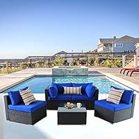 Outime Patio Furniture Rattan Sofa Black Wicker Couch Set Garden Outside Sectional Seating Home Furniture w/Coffee Table Royal Blue Cushion 5pcs