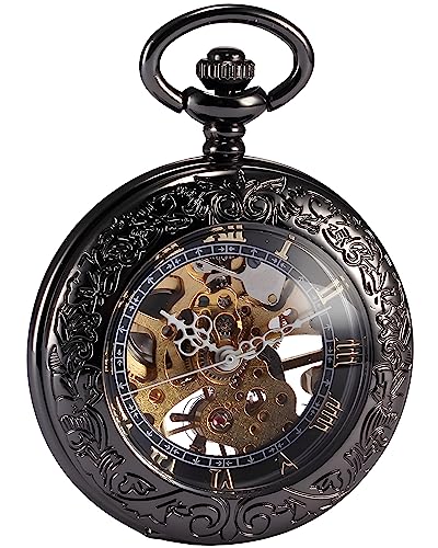 Carrie Hughes Mens Mechanical Pocket Watch Steampunk Gothic Magnifier Skeleton with Chain and Box CHWPK164