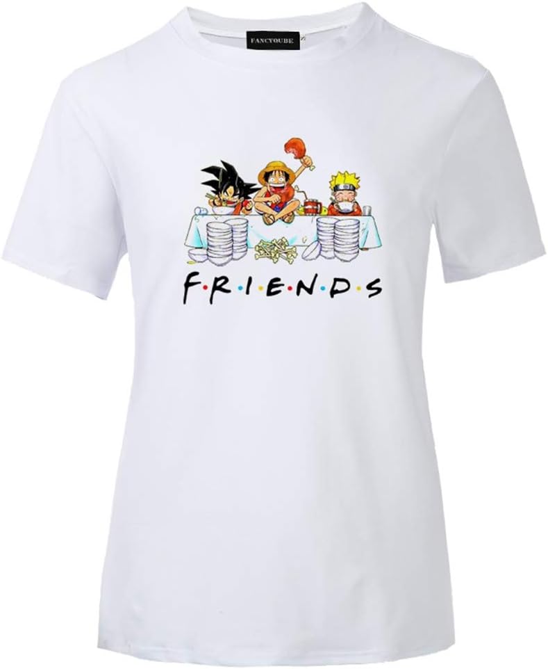 918coshiert Women's Funny Anime One Piece Friends Print T-Shirt Monkey D. Luffy Eat Chicken Drumsticks Cute Short Sleeve Tops