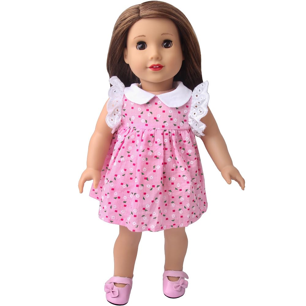 DUORUIMI Doll Clothes Summer Pink Dress with Lace for American Girl Doll 18-inch with Flowers Pattern