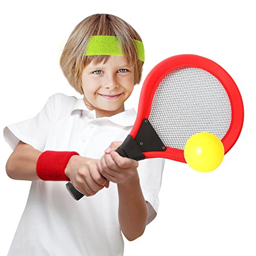 rainbow yuango Pack of 2 17'' Badminton Tennis Rackets Kit with 2 Balls Junior Sports Elastic Mesh Badminton Racquets Set for Kids Outdoors Play Game Toy(591-Red)