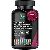 Multi Collagen Hair Pills - Biotin 10,000mcg, Keratin & Hyaluronic Acid - Hair Growth - Hair Skin & Nails Vitamins & DHT Blocker - Vitamin E Folic Acid Pumpkin Seed MSM, Saw Palmetto 60 Vegan Capsules