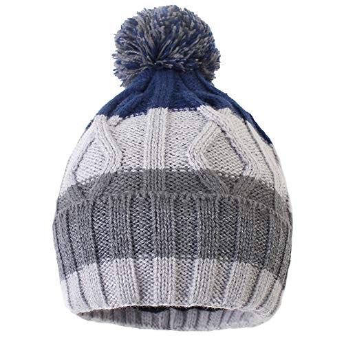 Exemaba Baby Boys Hairball Beanie Cap - Toddler Winter Warm Crochet Knitted Pom Pom Hat with Fleece Lining(Navy Blue Stripe,M) - Thumbnail 3