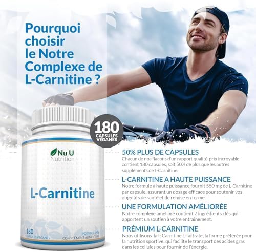 L-Carnitine Complexe 1 650mg - 180 Forte Puissance Capsules Véganes - Avec Riboflavine, Biotine, Chromium, Vitamine D, B3 & B6 - L Carnitine Tartrate Supplément - Fabriqué en Europe - Nu U Nutrition