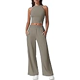 QINSEN Women's 2 Piece Sets Summer Ribbed Knit Crop Tank Tops Wide Leg Pants Sleeveless Tracksuit