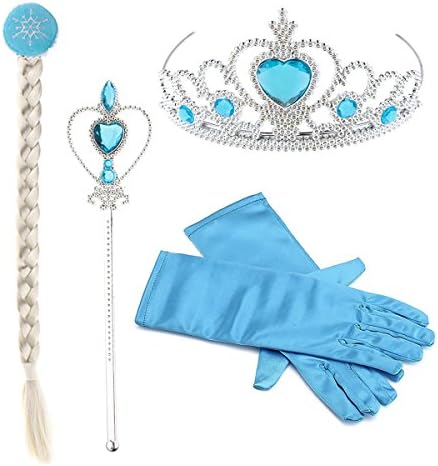 Hpwai Princess Little Girls Kids Frozen Elsa Halloween Christmas Dress Up Accessories,Crown Braid Wand Blue Gloves Jewelry Set