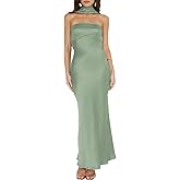 Women's Summer Satin Strapless Tube Top Maxi Dress Elegant Silk Backless Halter Neck Formal Party Dresses Wedding Guest Sage