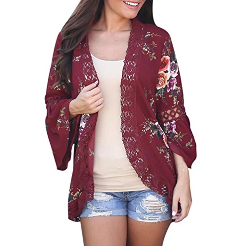 MatoenÂ® Women Lace Floral Open Cape Casual Coat Loose Chiffon Blouse Kimono Jacket Cardigan (Wine Red, L)